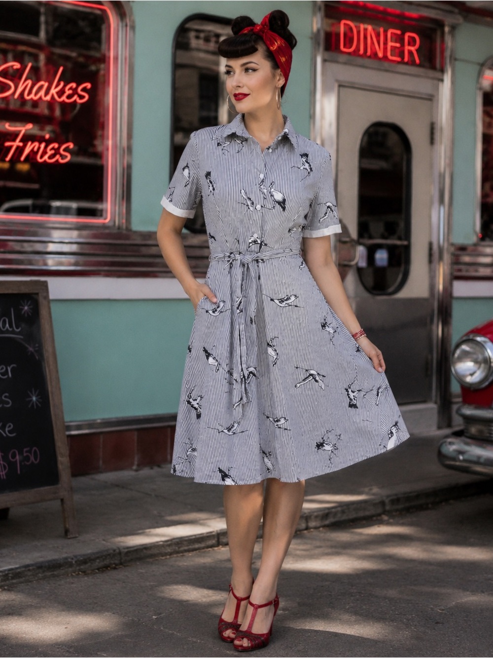 Sucrefas Navy White Striped 50s Style Collared Dress Small Rockabilly Pin-Up‎
